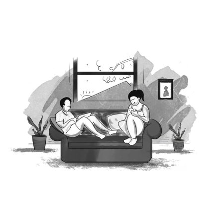 Photo for Couple in apartment. Girl and boy relaxing at home. illustration. Boy working On Laptop. illustration isolated on white. - Royalty Free Image