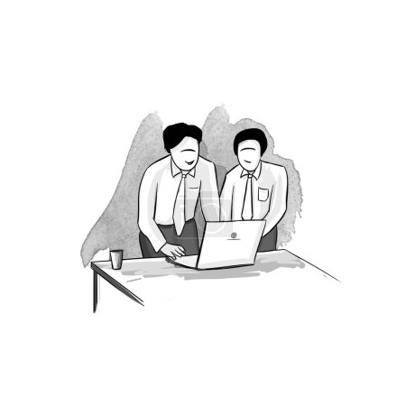 Photo for Business planning. Two businessmen working together on one profitable project at same laptop. Serious young colleagues in formal suits discuss work illustration isolated on white background - Royalty Free Image