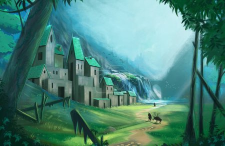 Photo for Green Valley. isometric landscape. gaming background. background art. fantasy digital art. old village view. - Royalty Free Image