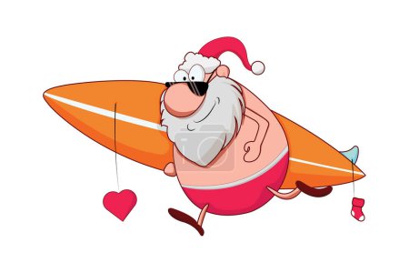 Photo for Santa in Shorts Holding Surfboard stock illustration. Santa clause vector isolated on white background. Perfect for coloring book, textiles, icon, web, painting, books, t-shirt print. - Royalty Free Image