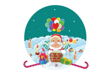 Ilustración de Ilustración vectorial de Santa Claus bolsa de regalos, bastón de caramelo, globos, velas vector aislado sobre fondo blanco. Perfecto para colorear libro, textiles, icono, tela, pintura, libros, impresión de camiseta. - Imagen libre de derechos
