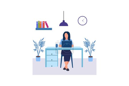  vector illustration art lady employee is working on the laptop in office cabin white background
