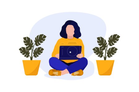 Illustration for Vector illustration art woman holding a laptop sitting down near plants - Royalty Free Image