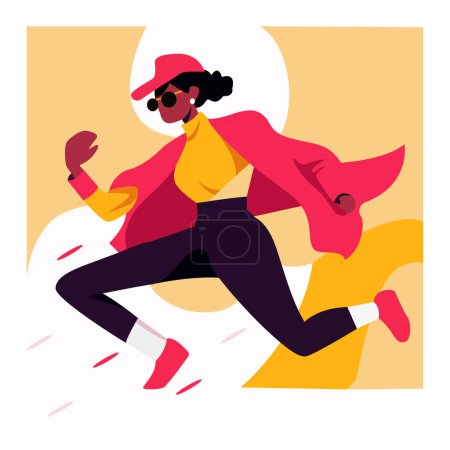Téléchargez les illustrations : Vecteur illustration art femme en rose long manteau hâte et courir à grande vitesse dans la course de la vie - en licence libre de droit