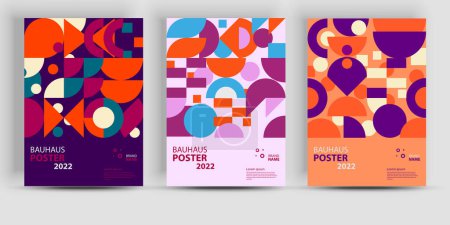Illustration for Abstract geometric posters. Bauhaus geometric backgrouns, vector circle, triangle, and square lines color art design. Contemporary vertical mosaic banners vector trendy set - Royalty Free Image