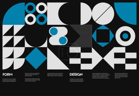Modèle de conception d'affiche suisse avec typographie propre et motif vectoriel minimal avec des formes géométriques abstraites colorées. Graphisme en gras, utile pour l'impression d'album, en-tête de site Web, bannière Web