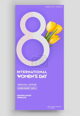 Illustration for Ticket vector template layout 8 March. International Women's Day Illustration Concept. Great for poster, tickets etc. Place for text - Royalty Free Image