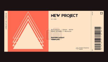 Ilustración de Modern exhibition ticket template layout made with abstract vector geometric shapes. Brutalism inspired graphics. Great for branding presentation, poster, cover, art, tickets, prints, etc. - Imagen libre de derechos