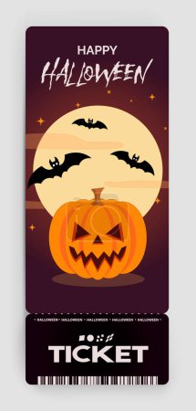Illustration for Happy Halloween party flyer template design. All hallow eve poster in scary cartoon style. Club event admission or entrance ticket layout. Vector illustration - Royalty Free Image