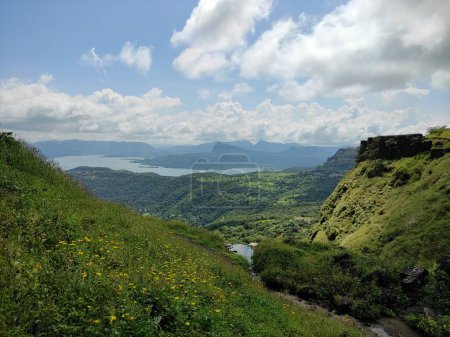 A gorgeous view of a river running through a lush green valley surrounded by towering mountains is captured in the image. A bright blue sky is broken up by fluffy white clouds. Bright yellow flowers are abundant in the foreground, giving the area a p