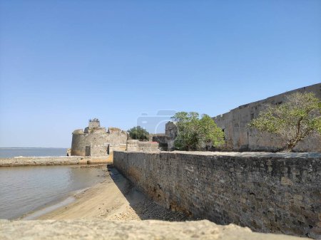 L'image représente un cadre calme au bord du lac le long de la rive, avec une forteresse de Diu.