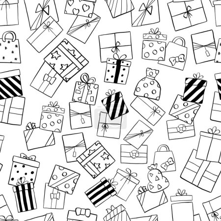 Ilustración de Línea negra doodle Regalos patrón sin costuras. Diseño para papel, fundas, tarjetas, telas, fondo y cualquier otro. Ilustración vectorial sobre Navidad o Cumpleaños. - Imagen libre de derechos