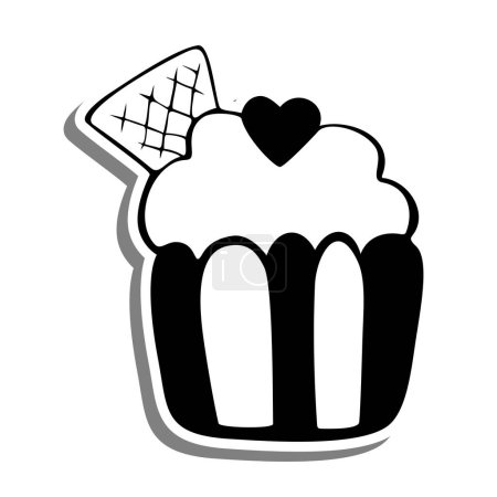 Téléchargez les illustrations : Cupcake monochrome avec gaufrette et coeur sur silhouette blanche et ombre grise. Illustration vectorielle pour la décoration ou tout design. - en licence libre de droit