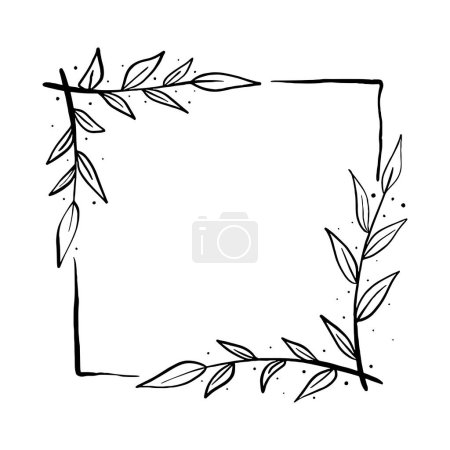 Illustration for Black line square frame with leaves on 2 white silhouette for cut file. Vector illustration for decorate logo, text, wedding, greeting cards and any design. - Royalty Free Image