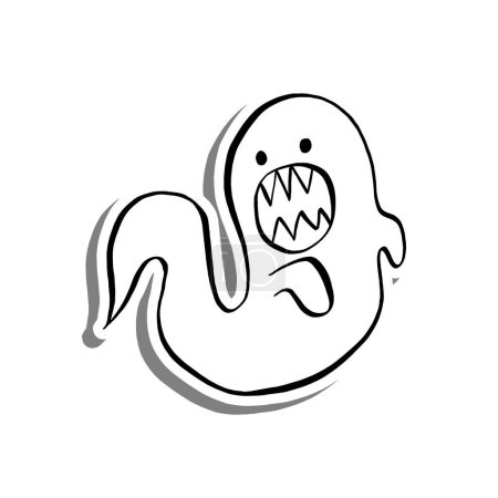 Téléchargez les illustrations : Illustration vectorielle de Halloween Little Ghost Scary. Ligne de dessin animé sur silhouette blanche et ombre grise. - en licence libre de droit