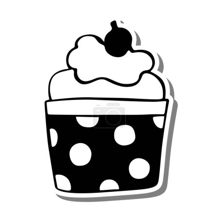 Téléchargez les illustrations : Cupcake monochrome à la cerise et crème fouettée sur silhouette blanche et ombre grise. Illustration vectorielle pour la décoration ou tout design. - en licence libre de droit