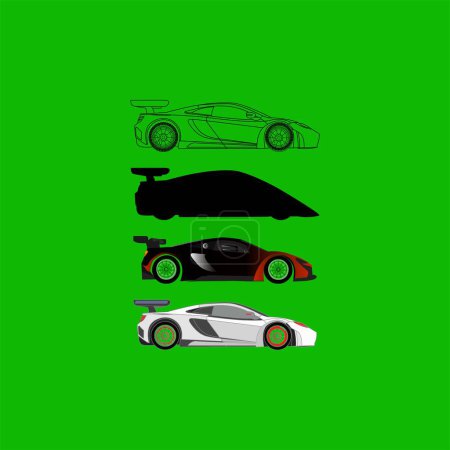 Téléchargez les illustrations : Projection de quatre voitures, supérieure et latérale. Illustration plate pour la conception d'icônes - en licence libre de droit