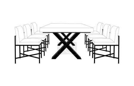 Photo for Dining table and chairs with x shape legs, vector line on white background - Royalty Free Image