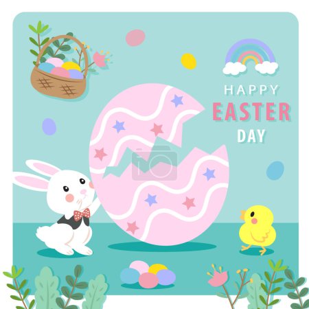 Let's celebrate Happy Easter day. The cute Easter rabbit and chick are playing Easter egg hunt game vector on modern green background.