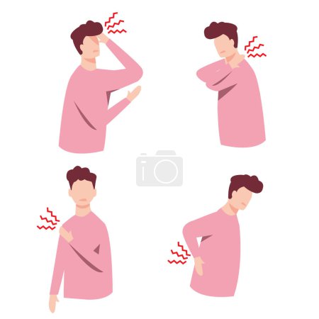 Téléchargez les illustrations : The men having different types of ache and pain vector illustration on white background. The symptoms of office syndrome, headache and the inflammation of neck, shoulder and back muscles. Cartoon character concept illustration. - en licence libre de droit