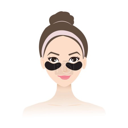 Illustration for The woman place under eye patches on her face vector isolated on white background. Eye serum mask help under eye skin minimize puffiness, dryness and more. Skin care and beauty concept illustration. - Royalty Free Image