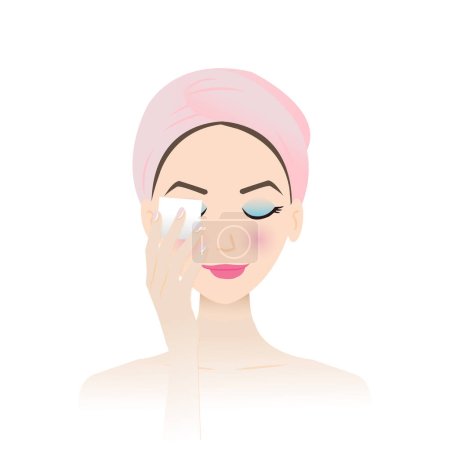 Illustration for Cute woman remove makeup from face vector on white background. Step of makeup removal with remover cotton pad, removing eye makeup, foundation, blush and lip color. Skin care and beauty concept illustration. - Royalty Free Image