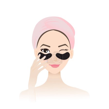 Illustration for Cute woman treat under eye bags with eye mask patches on face vector isolated on white background. Eye serum mask reduce puffiness, dryness, texture and fine lines. Skin care and beauty concept illustration. - Royalty Free Image