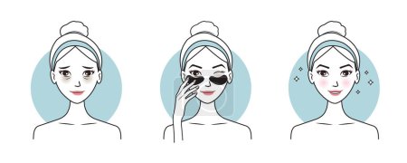 Direction for use eye mask treatment vector illustration isolated on white background. Cute woman apply eye patches to treat under eye bags, reduce dark circles, puffiness, dryness and crow feet lines.