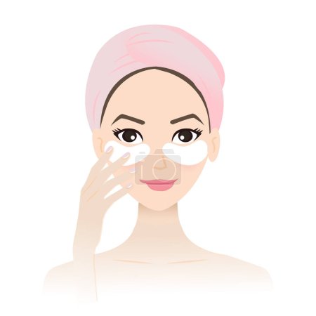 Illustration for Cute woman treat under eye wrinkles and lines with eye mask patches on face vector isolated on white background. Eye serum mask reduce puffiness, dryness, texture and fine lines. Skin care and beauty concept illustration. - Royalty Free Image
