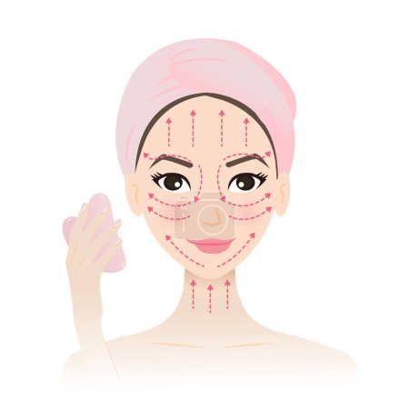 Cómo utilizar la herramienta de masaje Gua sha con lindo vector facial mujer aislado sobre fondo blanco. Instrucciones de uso Gua sha masaje de piedra hacia arriba a través y a lo largo de la mandíbula, pómulos, frente.