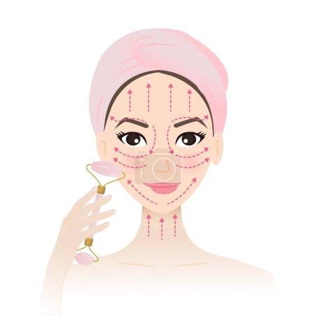 Massage-Anweisungen für Jade-Walze auf niedlichen Frau Gesicht Vektor Illustration isoliert auf weißem Hintergrund. Wie man Jade-Massageroller verwendet, Richtung für die Massage nach oben über und entlang der Kieferlinie, Wangenknochen, Stirn.
