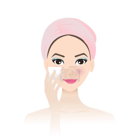Illustration for Cute woman remove makeup from face vector on white background. Step of makeup removal with remover cotton pad, removing powder, foundation, blush on from cheek. Skin care and beauty concept illustration. - Royalty Free Image