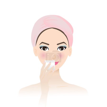 Illustration for Cute woman remove makeup from face with  cotton pad vector on white background. Removing lipstick, lip color and lip liner from lip. Skin care and beauty concept illustration. - Royalty Free Image