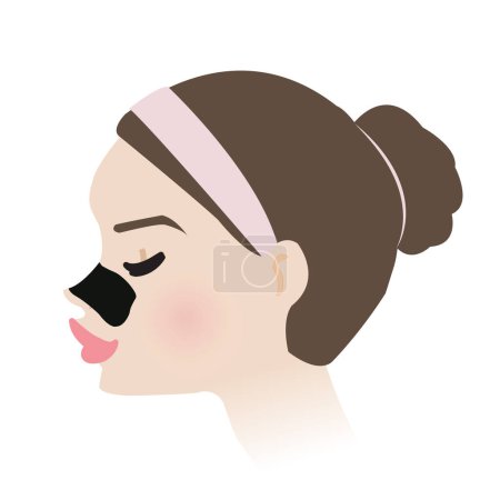 Illustration for Cute woman with black charcoal pore strip on nose side view vector illustration isolated on white background. Blackhead removal nose pore strip, deep cleansing, unclogging and tighten pores on nose. - Royalty Free Image