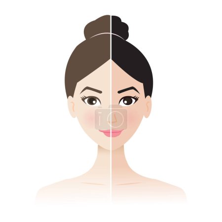 Illustration for Comparison of two skin tones on woman vector isolated on white background. The woman with two skin tone scale phototype melanin and hair color melanin. Skin care and beauty concept illustration. - Royalty Free Image