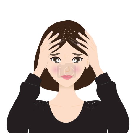 La mujer está preocupada por la caspa en su ilustración del vector del cuero cabelludo aislado en el fondo blanco. La caspa es pequeña, redonda, escamas secas blancas en el cabello y en el hombro. Cuidado del cabello y concepto de problema.