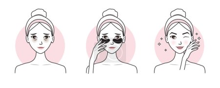 Cute woman apply eye patches treat under eye bags vector illustration isolated on white background. Direction for use eye mask treatment, reduce dark circles, puffiness, dryness and crow feet lines.