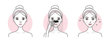 Illustration for Cute woman with step of blackheads treatment on nose vector illustration isolated on white background. Before and after nose pore strip remove blackheads on face. Skin care and beauty concept. - Royalty Free Image