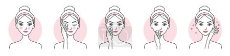 Step of cute woman remove makeup from face set vector illustration isolated on white background. Makeup remover, mascara, eyeliner, foundation, blush, lipstick and lip color with cotton pad.