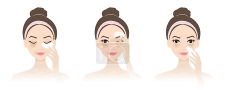 Mode d'emploi masque de traitement des yeux vecteur isolé sur fond blanc. Femme applique des patchs de masque oculaire sur la peau fatiguée du visage pour récupérer les plis du front, les pattes d'oie, le cercle noir et les lignes de sourire.
