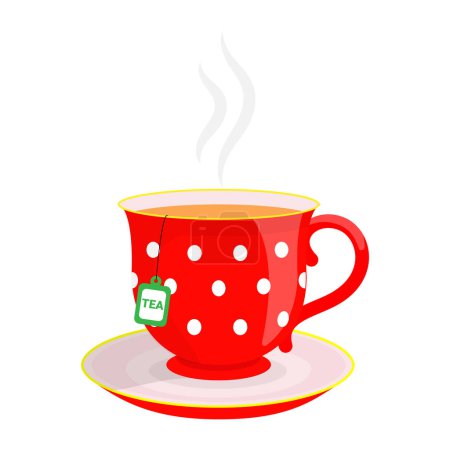 Téléchargez les illustrations : Du thé chaud. Une tasse avec des pois blancs sur un fond rouge avec une soucoupe. Sacs à thé - en licence libre de droit