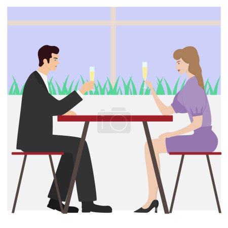 Téléchargez les illustrations : Un homme et une femme boivent du champagne à une table dans un café - en licence libre de droit