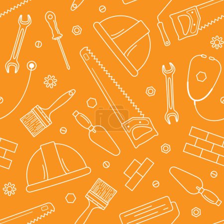 Illustration for Vector seamless pattern on an orange background for the International Labor Day with tools - Royalty Free Image