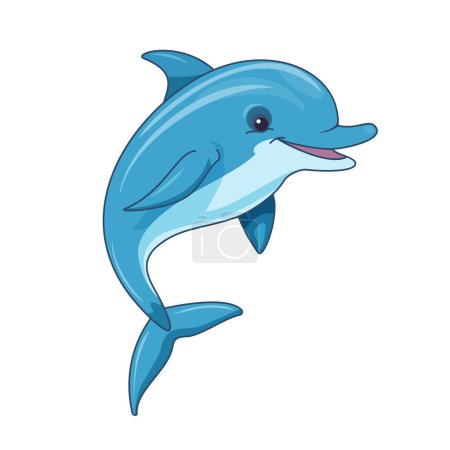 Vektorillustration. Fröhlich lustiger Delfin im Cartoon-Stil auf weißem Hintergrund.