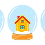 Vector illustration. Collection of magic glass balls. Santa Claus, snowman and house. New Year and Christmas illustration.