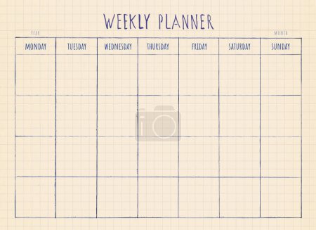 Photo for Minimalist Weekly planner blank. Schedule, weekly overview, organizer. Vintage hand drawing template. Checkered sheet of paper from notebook. - Royalty Free Image
