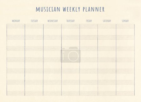 Photo for Musical weekly planner blank. Schedule, weekly overview, organizer. Hand drawn template on music sheet. - Royalty Free Image