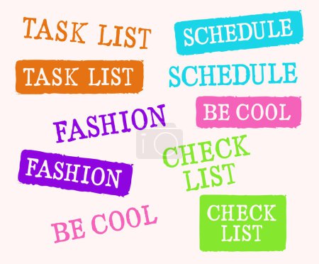 Photo for Grunge Stamps with the words task list, check list, schedule, fashion, be cool, on a white or colored rectangular background. Vector. - Royalty Free Image