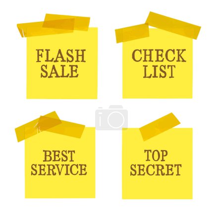 Photo for Set of yellow stickers with words top secret, best service, flash sale, check list. Square sheets of paper with scotch and text. Vector illustration. - Royalty Free Image