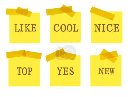 Photo for Collection of yellow stickers with words like, cool, nice, top, yes, new. Square sheets of paper with scotch and text. Vector illustration. - Royalty Free Image